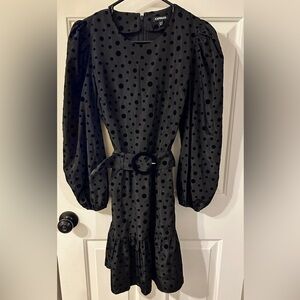 Expresss belted, puffed long sleeve dress with velvet polka dots.